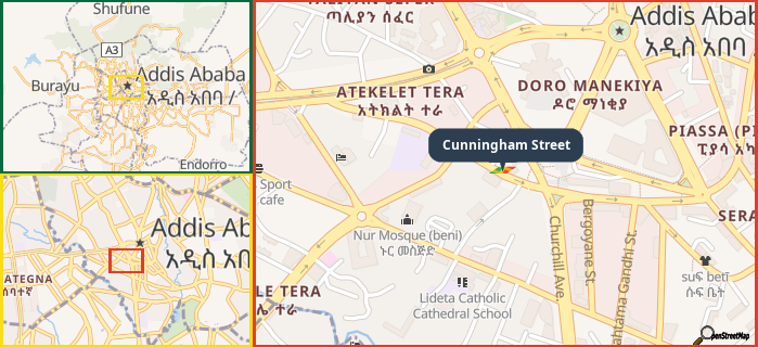 Map showing the address of Cunningham Street in three different zoom levels.