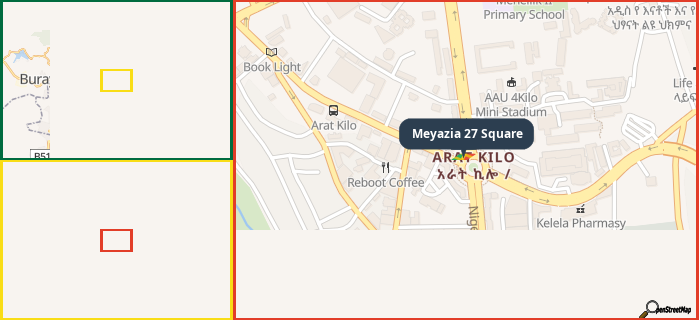 Map showing the address of Meyazia 27 Square in three different zoom levels.
