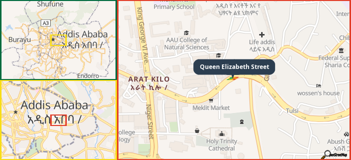 Map showing the address of Queen Elizabeth Street in three different zoom levels.