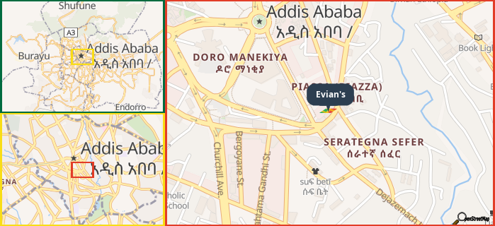 Map showing the address of Evian's in three different zoom levels.