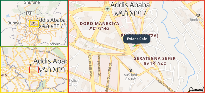 Map showing the address of Evians Cafe in three different zoom levels.