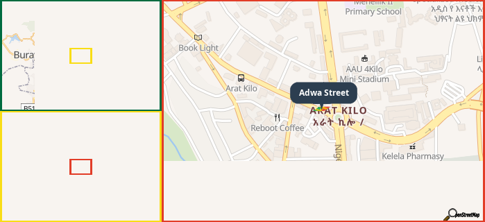 Map showing the address of Adwa Street in three different zoom levels.