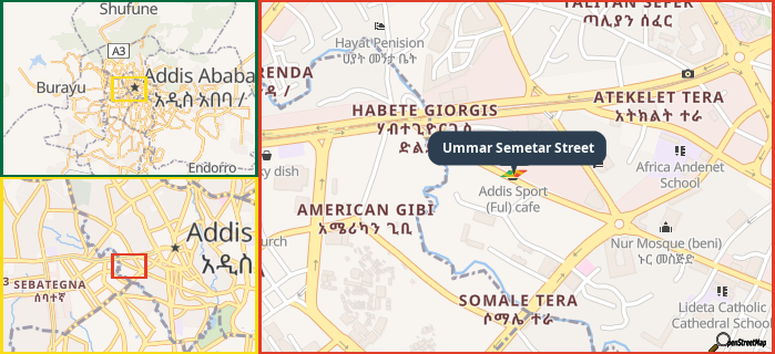 Map showing the address of Ummar Semetar Street in three different zoom levels.