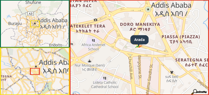 Map showing the address of Arada in three different zoom levels.