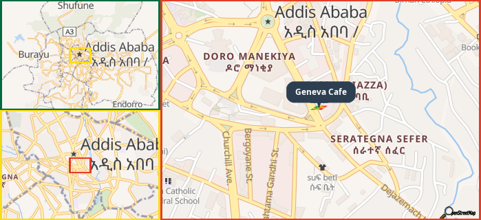 Map showing the address of Geneva Cafe in three different zoom levels.