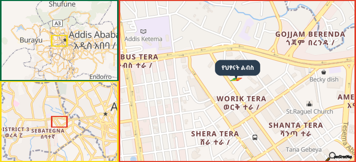 Map showing the address of የህፃናት ልብስ in three different zoom levels.