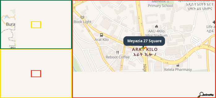 Map showing the address of Meyazia 27 Square in three different zoom levels.