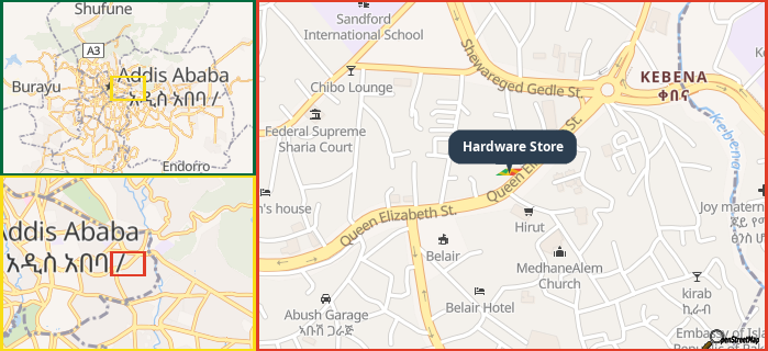 Map showing the address of Hardware Store in three different zoom levels.