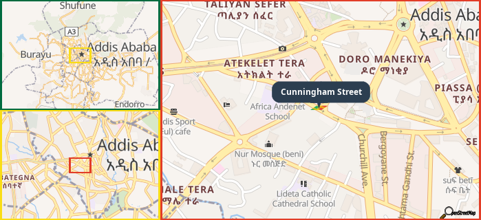 Map showing the address of Cunningham Street in three different zoom levels.