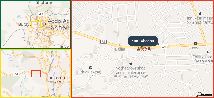 Map showing the address of Sani Abacha in three different zoom levels.