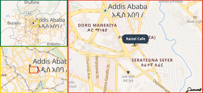 Map showing the address of Raizel Cafe in three different zoom levels.