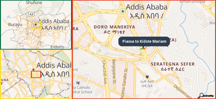 Map showing the address of Piassa to Kidste Mariam in three different zoom levels.