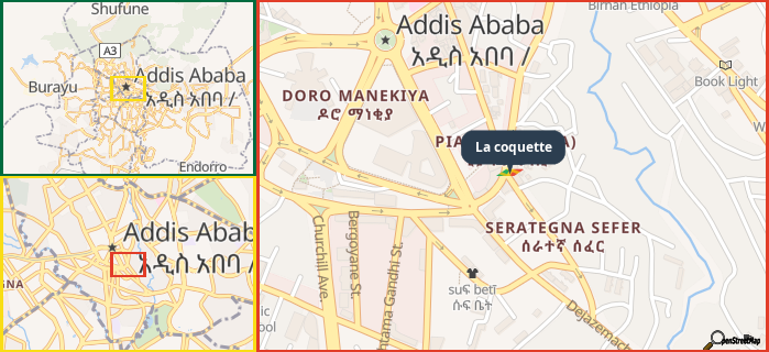 Map showing the address of La coquette in three different zoom levels.