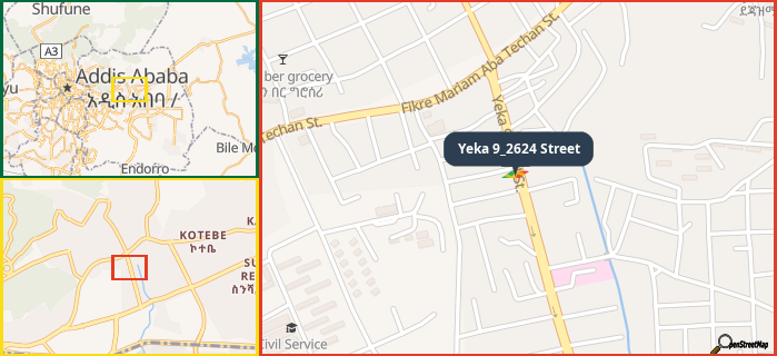 Map showing the address of Yeka 9_2624 Street in three different zoom levels.