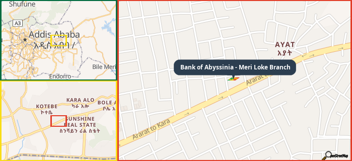 Map showing the address of Bank of Abyssinia - Meri Loke Branch in three different zoom levels.