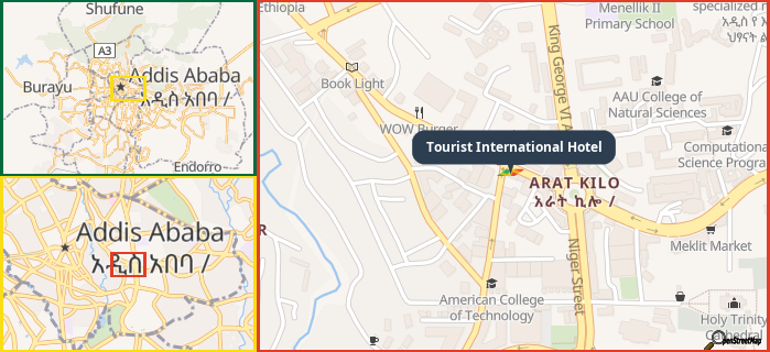 Map showing the address of Tourist International Hotel in three different zoom levels.