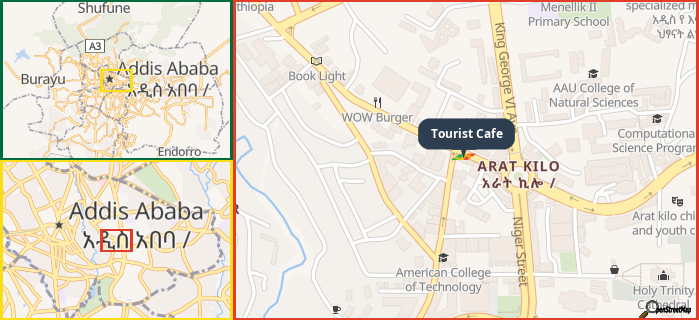 Map showing the address of Tourist Cafe in three different zoom levels.