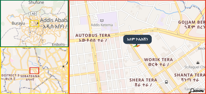 Map showing the address of አለም ኮሌክሽን in three different zoom levels.