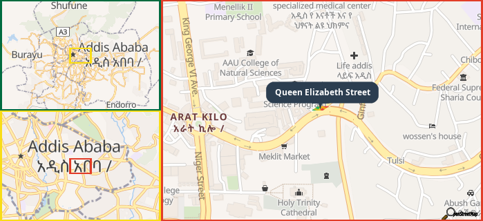 Map showing the address of Queen Elizabeth Street in three different zoom levels.