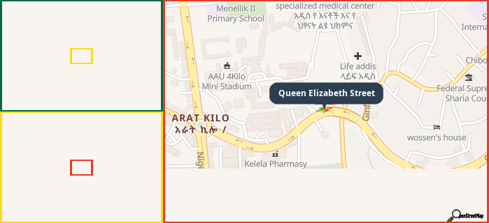 Map showing the address of Queen Elizabeth Street in three different zoom levels.