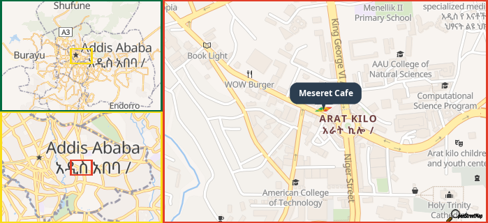 Map showing the address of Meseret Cafe in three different zoom levels.