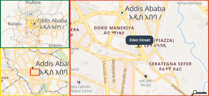 Map showing the address of Eden Street in three different zoom levels.