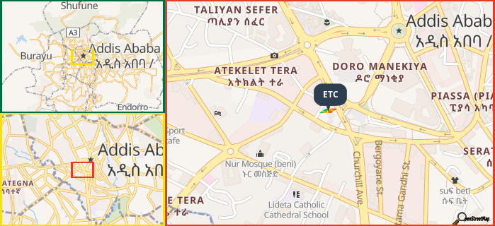 Map showing the address of ETC in three different zoom levels.
