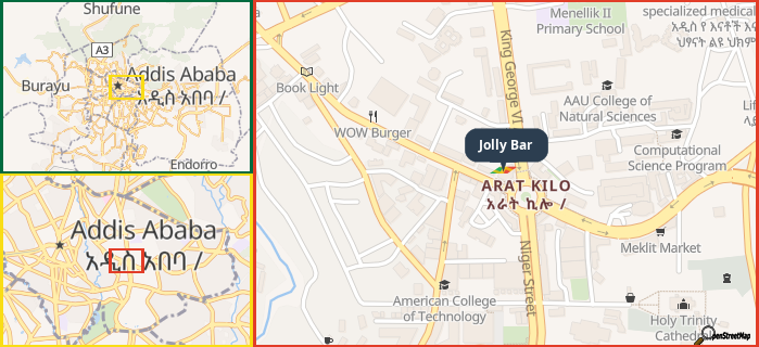 Map showing the address of Jolly Bar in three different zoom levels.