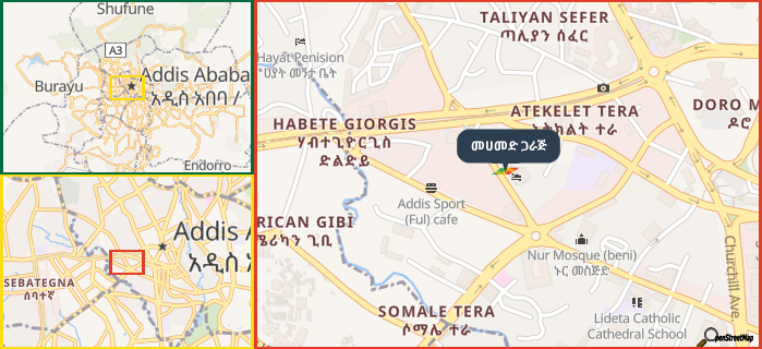 Map showing the address of መሀመድ ጋራጅ in three different zoom levels.