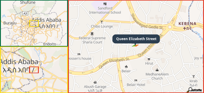 Map showing the address of Queen Elizabeth Street in three different zoom levels.