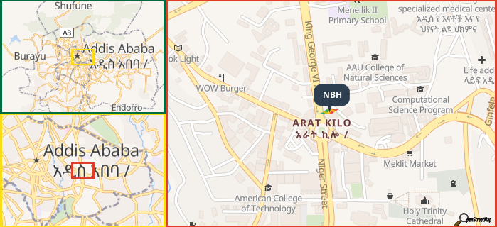 Map showing the address of NBH in three different zoom levels.