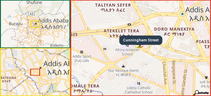 Map showing the address of Cunningham Street in three different zoom levels.