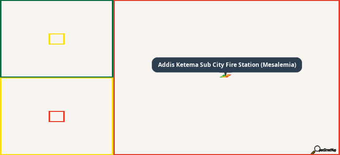Map showing the address of Addis Ketema Sub City Fire Station (Mesalemia) in three different zoom levels.