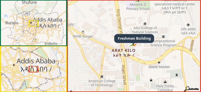 Map showing the address of Freshman Building in three different zoom levels.