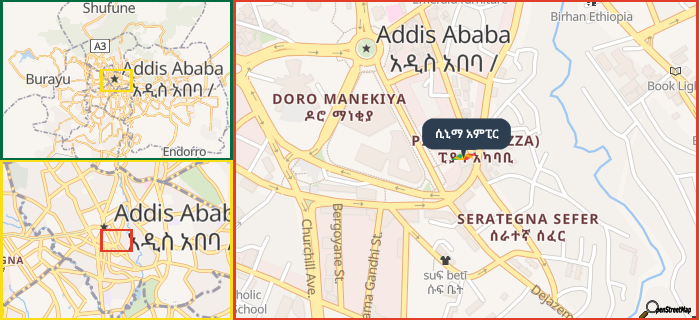 Map showing the address of ሲኒማ አምፒር in three different zoom levels.