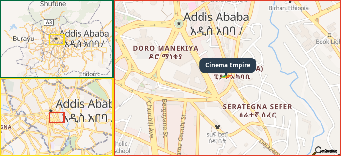 Map showing the address of Cinema Empire in three different zoom levels.