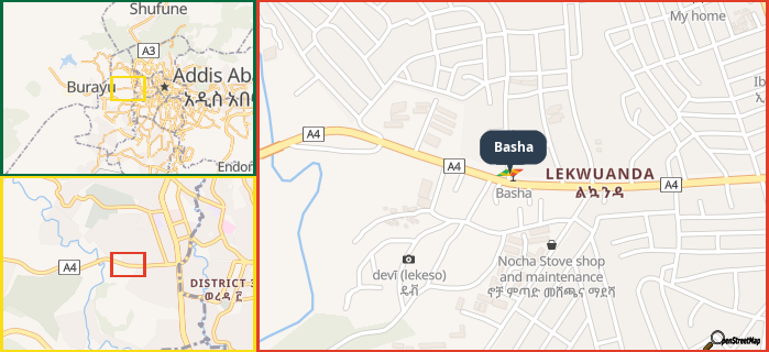 Map showing the address of Basha in three different zoom levels.