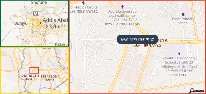Map showing the address of አዲስ ከተማ ጤና ጣቢያ in three different zoom levels.
