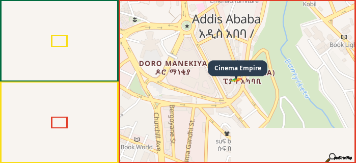 Map showing the address of Cinema Empire in three different zoom levels.
