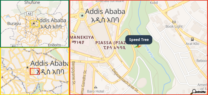 Map showing the address of Speed Tree in three different zoom levels.
