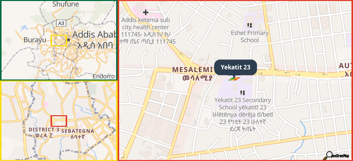 Map showing the address of Yekatit 23 in three different zoom levels.