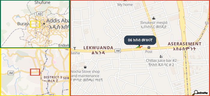 Map showing the address of 06 ክበብ መዝናኛ in three different zoom levels.