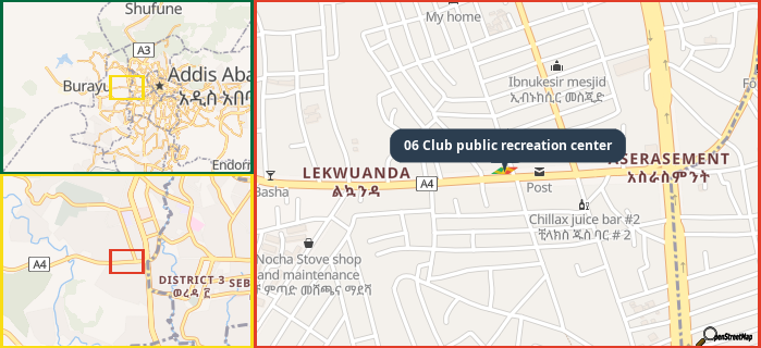 Map showing the address of 06 Club public recreation center in three different zoom levels.