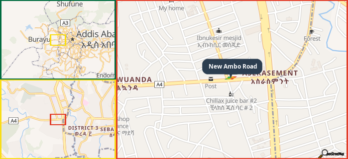 Map showing the address of New Ambo Road in three different zoom levels.