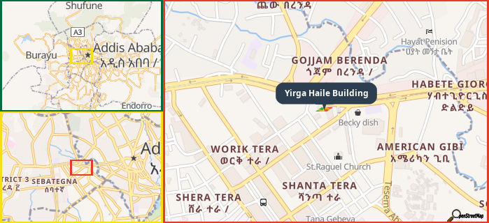 Map showing the address of Yirga Haile Building in three different zoom levels.
