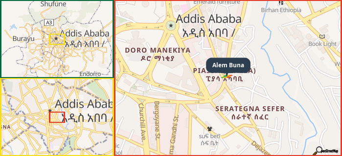 Map showing the address of Alem Buna in three different zoom levels.