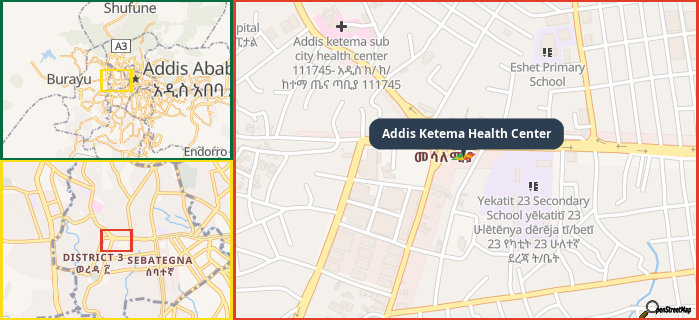 Map showing the address of Addis Ketema Health Center in three different zoom levels.