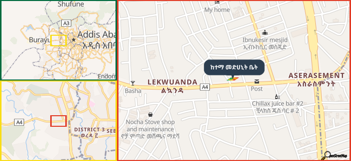 Map showing the address of ከተማ መድሀኒት ቤት in three different zoom levels.
