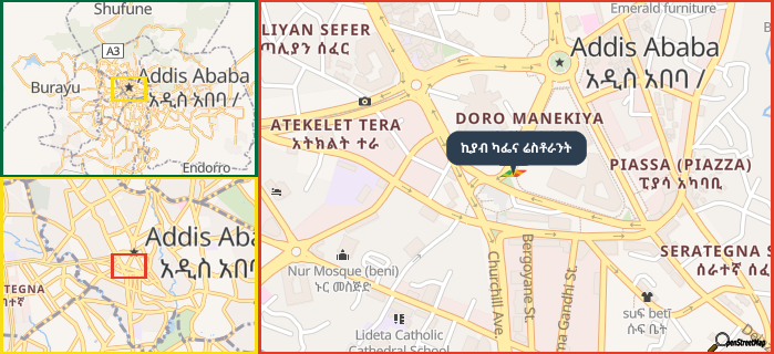 Map showing the address of ኪያብ ካፌና ሬስቶራንት in three different zoom levels.