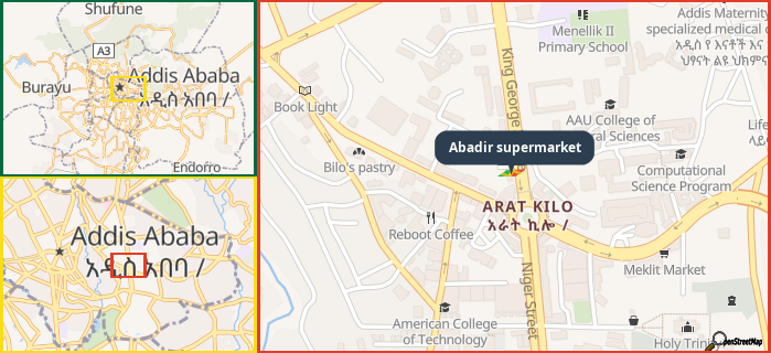 Map showing the address of Abadir supermarket in three different zoom levels.